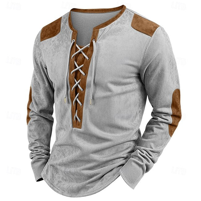 Men's Faux Suede Henley Shirt Tee Top Long Sleeve Shirt Patchwork Henley Outdoor Street Long Sleeve Drawstring Clothing Apparel Daily Casual Street Style #18037873