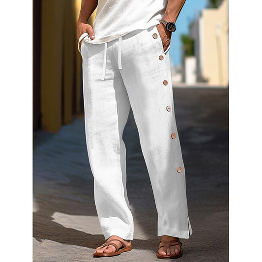 40% Linen Men's Linen Pants Trousers Summer Pants Baggy Pants Drawstring Elastic Waist Side Button Plain Breathable Comfortable Office / Career Daily Vacation Classic Casual Black White #19499881