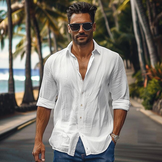 Men's Shirt Cotton Linen Shirt White Blue Long Sleeve Solid Color Turndown Summer Spring &  Fall Sports & Outdoor Causal Clothing Apparel Button #19750291