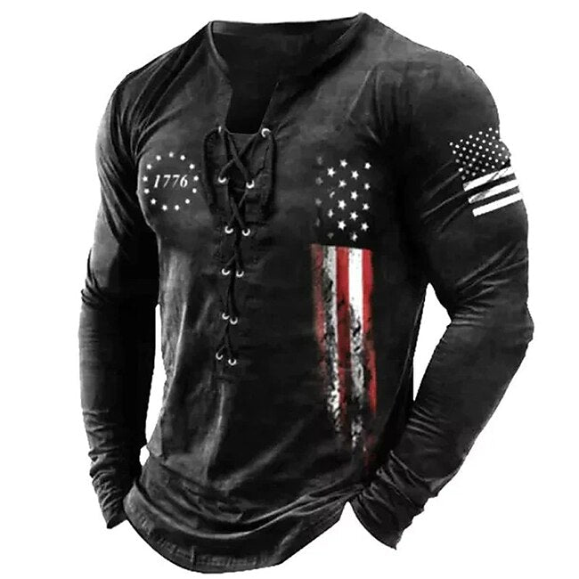 Men's T shirt Tee Tee Graphic National Flag Collar Clothing Apparel 3D Print Casual Daily Going out Long Sleeve Lace up Print Fashion Designer Comfortable #9424806