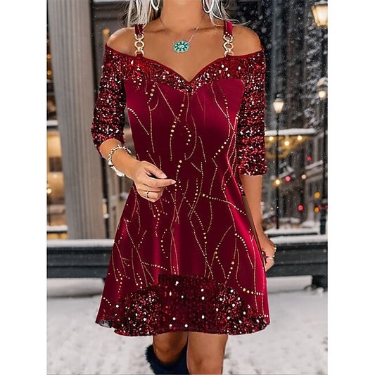 Women's Off-Shoulder Sequin Cocktail Dress Burgundy Three-Quarter Sleeve Sweetheart Neckline Flared Skirt Evening Party A-Line Dress Winter Fall Festive Glamour #16742805