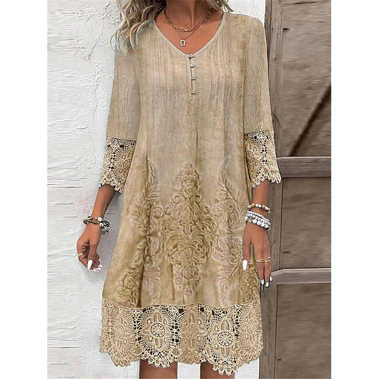 Women's Casual Dress Boho Lace Detail V-neck Three Quarter Sleeve Vintage Pattern Relaxed Fit Beige Tan Linen Blend Spring Autumn Regular Size Outdoor Daywear #10610208