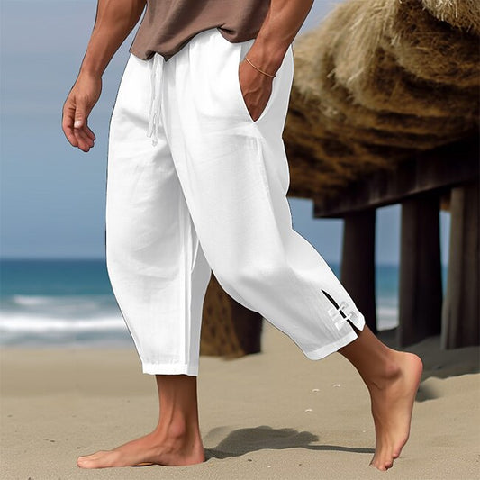 Men's Linen Pants Summer Pants Cropped Pants Beach Pants Drawstring Elastic Waist Plain Comfort Breathable Calf-Length Casual Daily Holiday Fashion Classic Style Black White #9605182