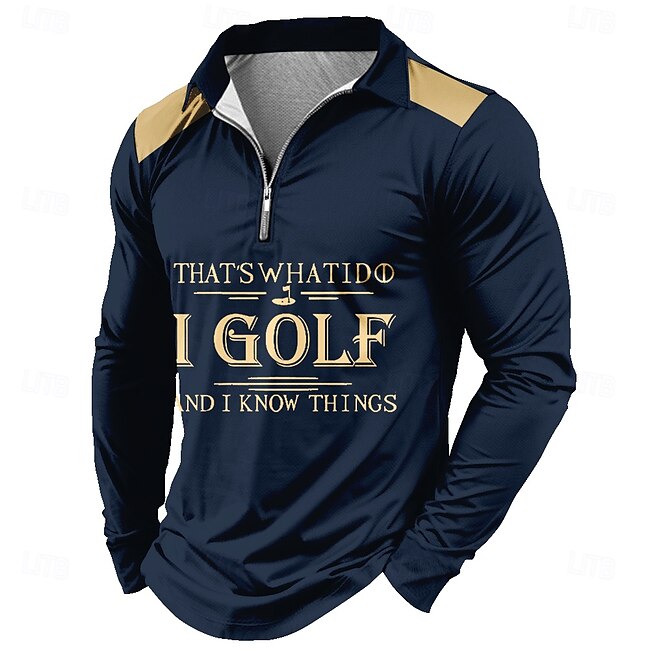 Men's Letter Zip Polo Shirts Golf Shirt Long Sleeve Polo Shirts Collared Shirts Casual Outdoor Street Dailywear 3D Print Quarter Zip Polo Black Brown Dark Blue #15713926