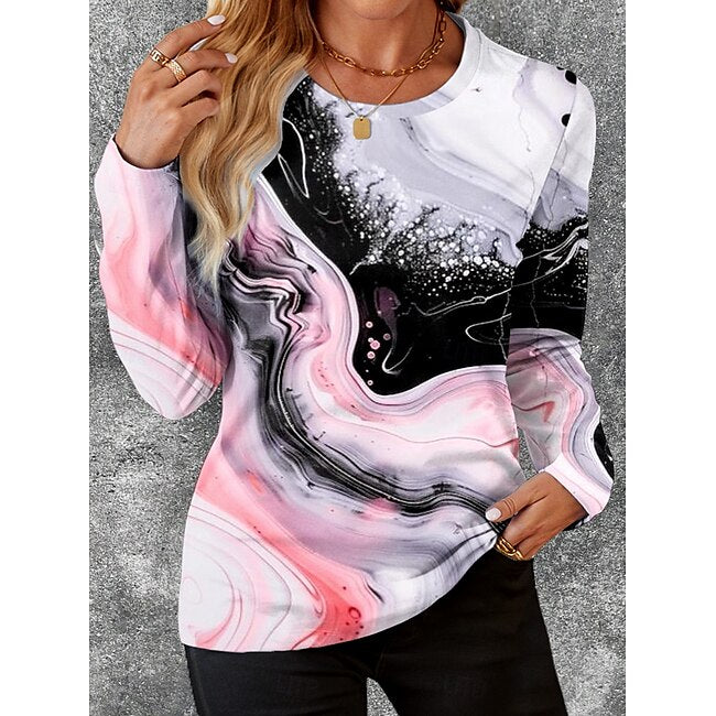 Women's T Shirt Casual Print Long Sleeve Regular Tops Crew Neck Daily Pink Blue Orange Spring Fall #14431023