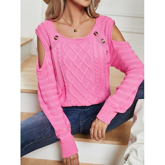 Women's Sweater Casual Soft Pure Color Cable Crew Neck Buttons Knitted Cold Shoulder Long Sleeve Regular Tops Knit Outdoor Daily Weekend White Pink Spring Fall #16402564