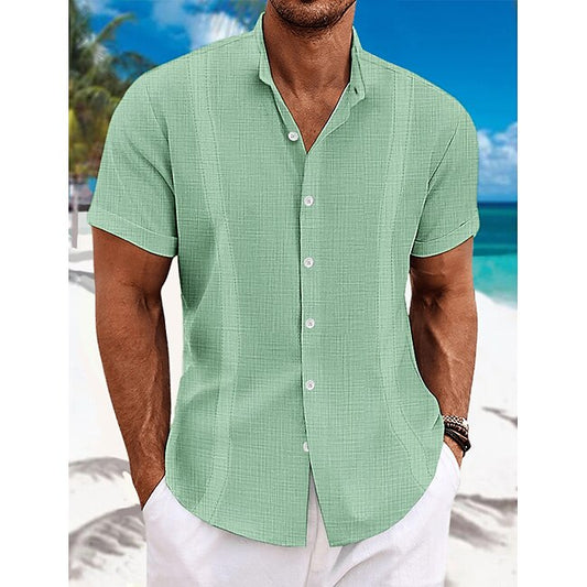 Men's Shirt Linen Shirt Guayabera Shirt Band Collar Shirt Summer Shirt Beach Wear Plain Vacation Curise Black White Blue Green Short Sleeve Collar Summer Clothing Apparel #9588995