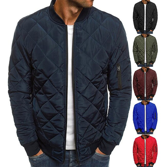 Men's Bomber Quilted Jacket Diamond Padded Jacket Winter Outdoor Chunky Varsity Flight Windproof Warm Trench Coat Top Quilted Seams Cotton Outwear Overcoat Full Zipper Camping Hiking Hunting Fishing #8130329