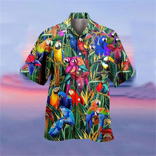 Men's Parrot Shirt Summer Hawaiian Shirt Camp Collar Shirt Short Sleeve Shirt Turndown Hawaiian Designer Casual Outdoor Street Casual Yellow Light Green Pink 3D Print S M L #9099217