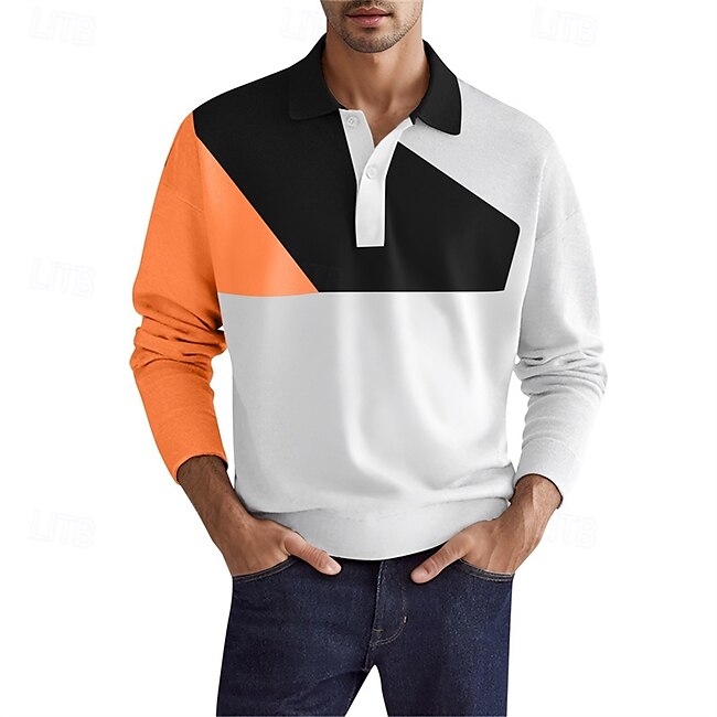 Men's Golf Shirt Golf Polos Shirts Work Casual Lapel Long Sleeve Basic Modern Color Block Patchwork Buttons Spring &  Fall Regular Fit Black White Yellow Red Orange Golf Shirt #18484211