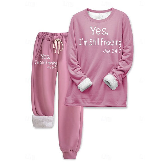 Women's Daily Sweatshirt Fleece Pants Long Sleeve Crew Neck Letter Drawstring Print Casual Black Pink Red Fall Regular Fit #15034337