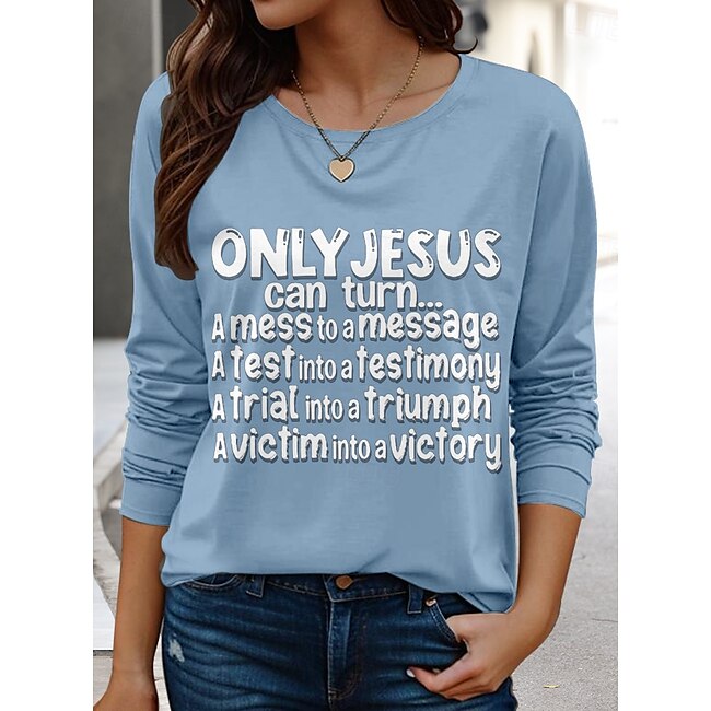 Women's T Shirt Casual Letter Regular Tops Long Sleeve Crew Neck Print Regular Fit Daily Blue Spring Fall #15092868