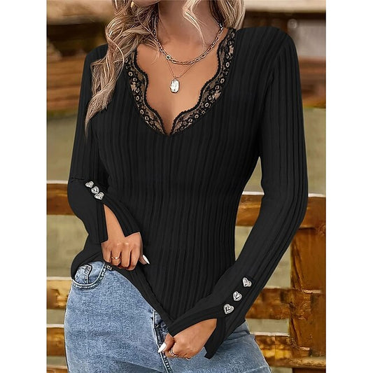 Women's Shirt Blouse Basic Casual Solid Color Regular Tops Long Sleeve V Neck Lace Patchwork Regular Fit Daily Black Fall Winter #18051053