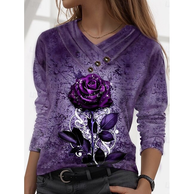 Women's T Shirt Stylish Casual Rose Regular Tops Long Sleeve V Neck Buttons Print Regular Fit Daily Yellow Pink Navy Blue Blue Purple Fall Winter #12568902