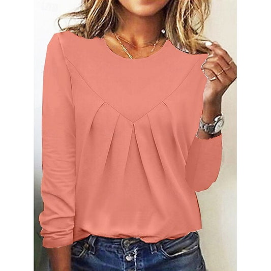 Women's Shirt Blouse Basic Casual Solid Color Regular Tops Long Sleeve Crew Neck Ruched Regular Fit Daily Black Pink Gray Spring Fall #15658145