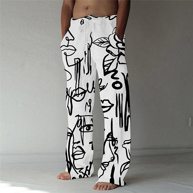 Men's Trousers Summer Pants Beach Pants Elastic Drawstring Design Front Pocket Straight Leg Graphic Prints Graffiti Comfort Soft Casual Daily Fashion Designer Black White #9158323