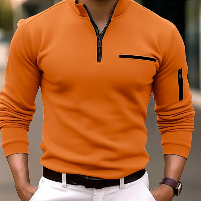 Men's Polo Shirt Pullover Sports Daily Wear Quarter Zip Long Sleeve Fashion Comfortable Plain Pocket Zip Up Spring &  Fall Regular Fit Black White Navy Blue Orange Polo Shirt #9645909