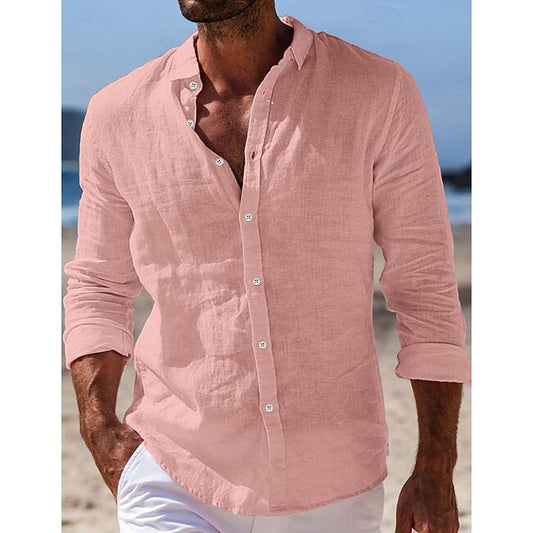 Men's Shirt Linen Shirt Summer Shirt Beach Wear Button Up Shirt Plain Casual Daily Black White Pink Navy Blue Long Sleeve Turndown Spring & Summer Clothing Apparel #9589765