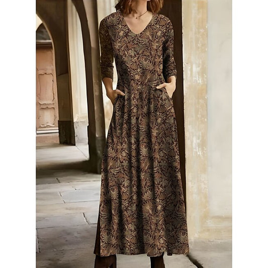 Women's Winter Dress T Shirt Dress Tee Dress Floral Tribal Pocket V Neck Long Dress Maxi Dress Vintage Ethnic Daily Long Sleeve Fall Winter #9629144