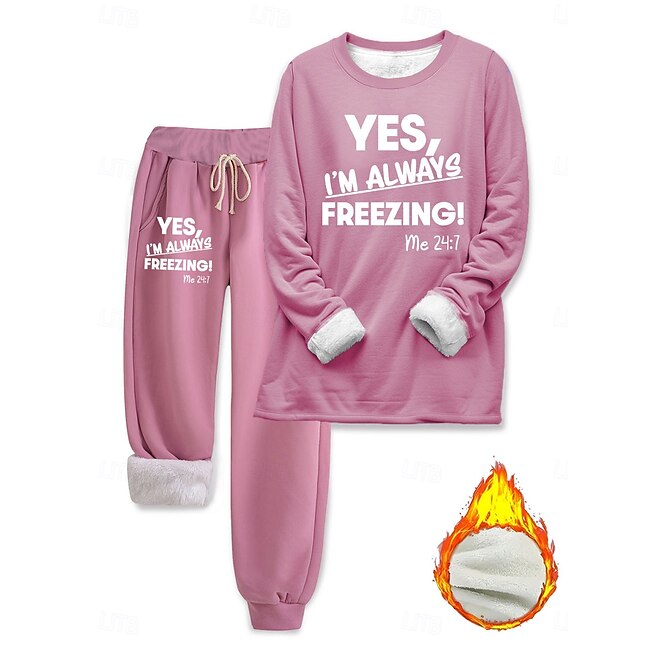 Women's Loungewear Set Pyjamas Fleece Fluffy Long Sleeve Top and Pant Text Print Comfort Casual Home Wear Drawstring Solid Cozy Winter #18527278