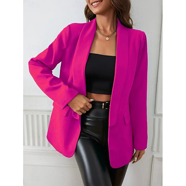 Women's Blazer Warm Breathable Pocket OL Style Casual Plain Formal Office Work Open Front Regular Turndown Regular Fit Long Sleeve Outerwear Black Fuchsia Summer Spring #14959373