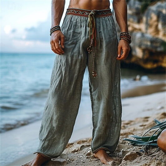 Men's Linen Pants Trousers Summer Pants Beach Pants Patchwork Drawstring Woven Plain Comfort Breathable Full Length Casual Daily Holiday Vacation Fashion Green #14008592