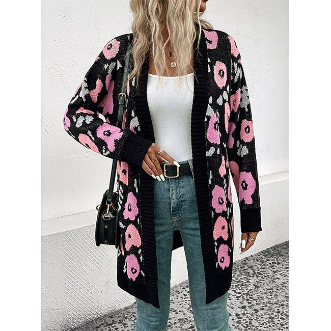 Women's Sweater Cardigan Casual Soft Floral Ribbed Open Front Knitted Long Sleeve Long Tops Knit Outdoor Daily Weekend Black Fall Winter #16090902