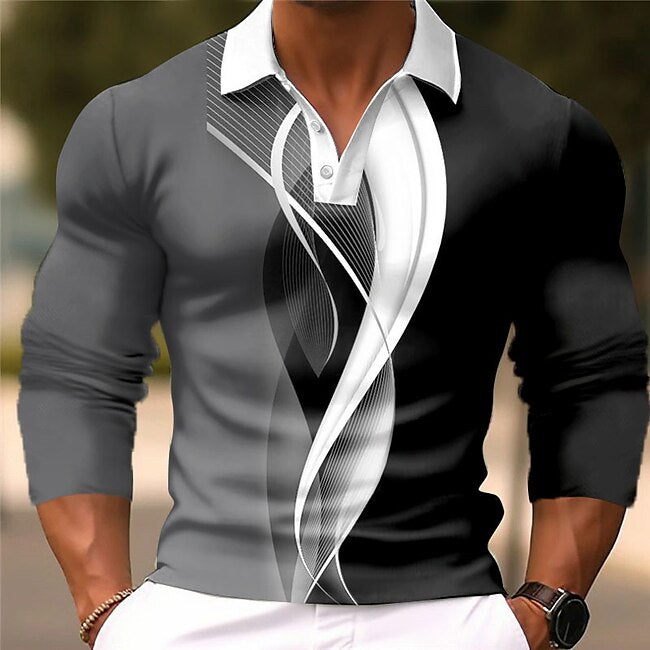 Men's Geometric Polo Shirts Golf Shirt Long Sleeve Polo Shirts Collared Shirts Business Casual WorkWear Formal Wear Festival Wear Buttons 3D Print White Blue Brown #9714280