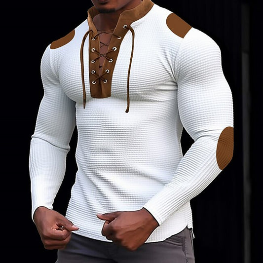 Men's T shirt Tee Waffle Knit Tee Tee Top Long Sleeve Shirt Color Block Standing Collar Street Vacation Long Sleeve Lace up Patchwork Clothing Apparel Fashion Designer Basic #9762879