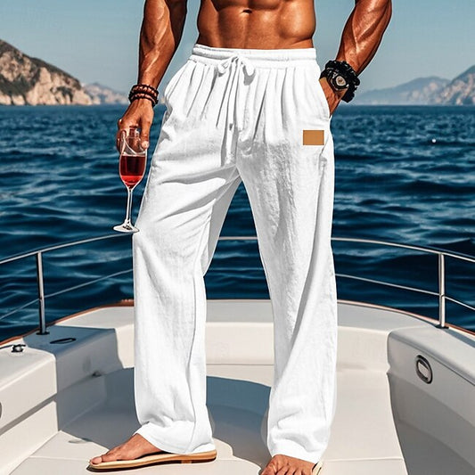 Men's Linen Pants Trousers Summer Pants Beach Pants Drawstring Elastic Waist Straight Leg Plain Comfort Breathable Full Length Outdoor Holiday Beach Vacation Fashion Black White #13431402