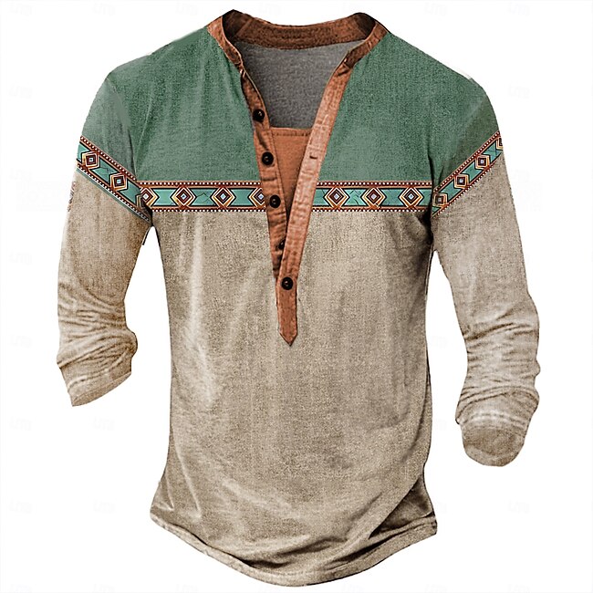 Men's Tribal T shirt Henley Shirt Long Sleeve 3D Print Designer Retro Vintage Street Casual Daily Summer Spring Fall Royal Blue Green Gray Henley Henley T-Shirt #13878836