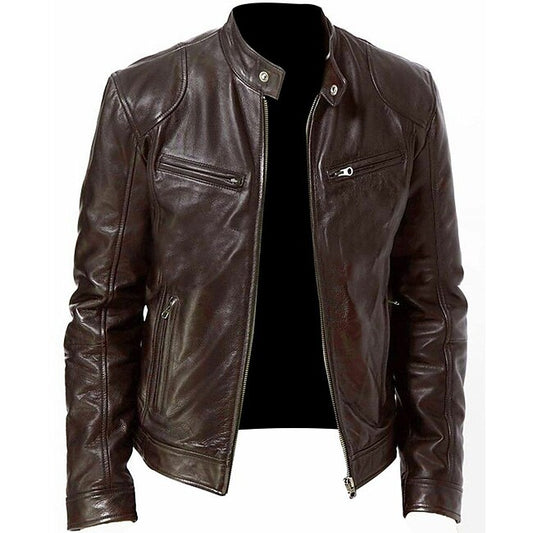 Men's Faux Leather Jacket Biker Jacket Patent Leather Jacket Motorcycle Jacket Daily Wear Thermal Warm Windproof Full Zip Fall Solid Color Simple Casual Stand Collar Faux Fur Regular Fit Black Brown #8303860