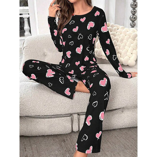 Women's Pajama Set Casual Comfort Comfrt Heart T Shirt Pant Home Long Sleeve Crew Neck Pink Spring Fall Winter #19325006