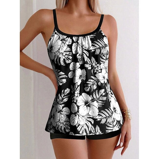 Women's Swimwear Tankini 2 Piece Boy Leg Swimsuit Backless High Waist Vacation Beach Wear Floral Leaves Round Neck Sleeveless Bathing Suits #15834147