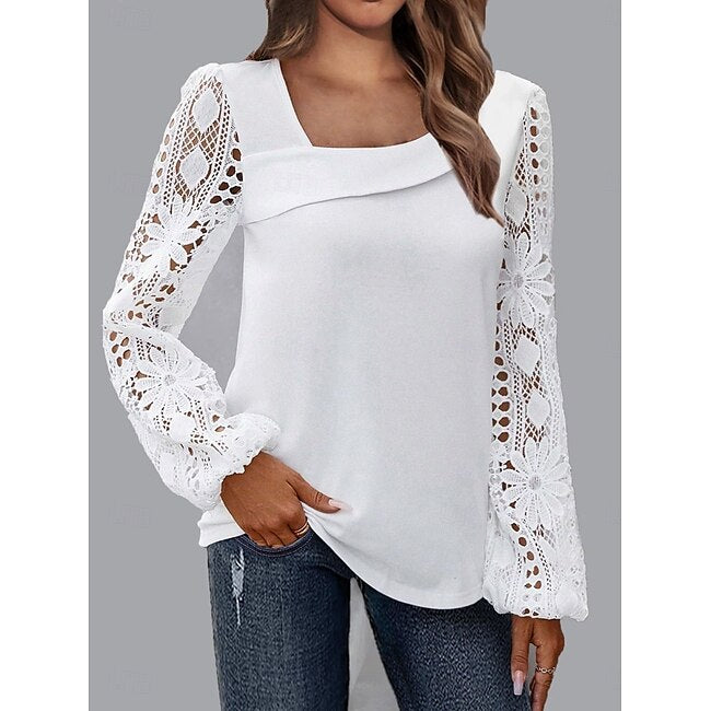 Women's Shirt Blouse Basic Casual Solid Color Regular Tops Long Sleeve V Neck Lace Patchwork Regular Fit Daily Black White Pink Fall Winter #17013293