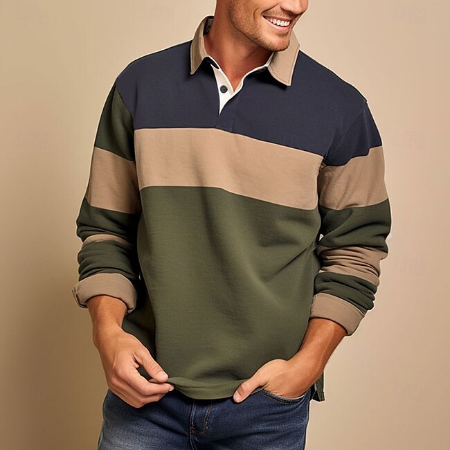 Men's Striped Rugby Polo Shirts Long Sleeve Polo Shirts Collar Business Casual Formal Outdoor Dailywear Buttons 3D Print Blue Green Army Green #12212343