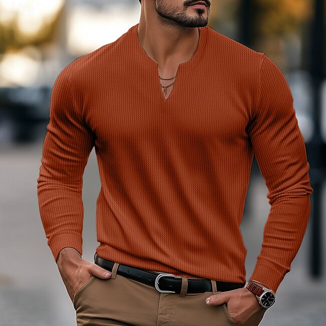 Men's Waffle Shirt T Shirt Tee Top Long Sleeve Shirt Plain V Neck Vacation Street Long Sleeve Classic Style Clothing Apparel Fashion Designer Basic #16883189