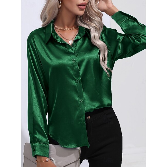 Women's Shirt Blouse Business Modern Casual Solid Color Regular Tops Long Sleeve Shirt Collar Buttons Regular Fit Work Formal Wear Pink Green Beige Summer Spring #13280350