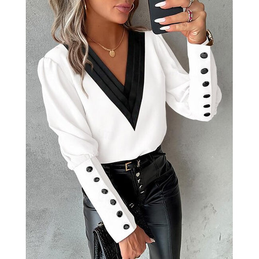 Women's Blouse Buttoned Pleated Work Stylish Modern Long Sleeve White Spring Fall #13179595