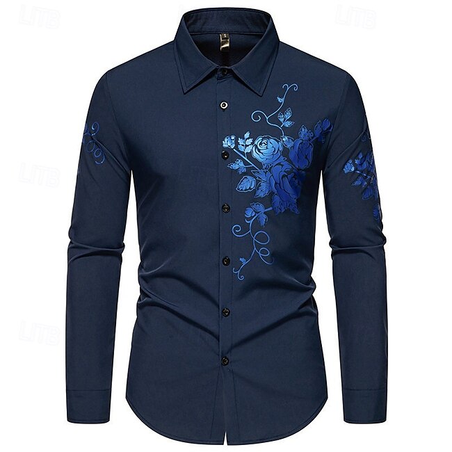 Men's Shirt Dress Shirt Button Up Shirt Rose Wedding Party Black White Wine Navy Blue Long Sleeve Lapel Spring &  Fall Clothing Apparel #18780492