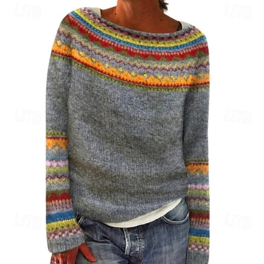 Women's Striped Sweater Crew Neck Knit Knitted Fall Winter Daily Casual Long Sleeve Geometric White Rainbow #16143147