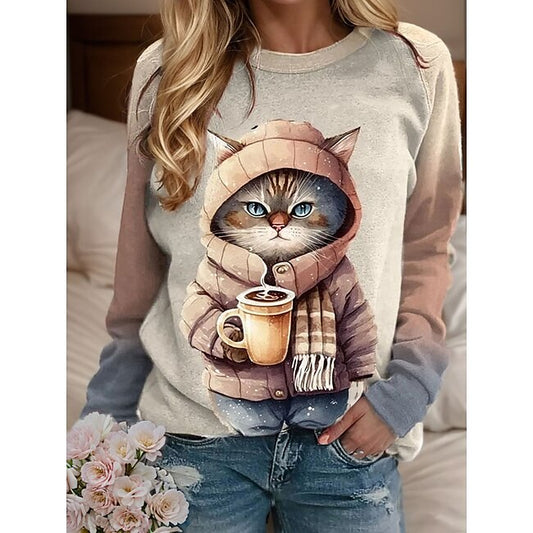 Women's Sweatshirt Pullover Cat Casual Sports Active Sportswear Round Neck Long Sleeve Top Micro-elastic Fall & Winter Comfrt Breathable Soft Fabric #9741150