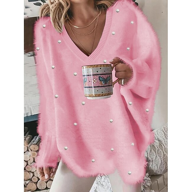 Women's Blouse Pullover Fuzzy Oversized V-Neck Casual Warm Soft Cozy Chic Autumn Winter Comfortable #16791718