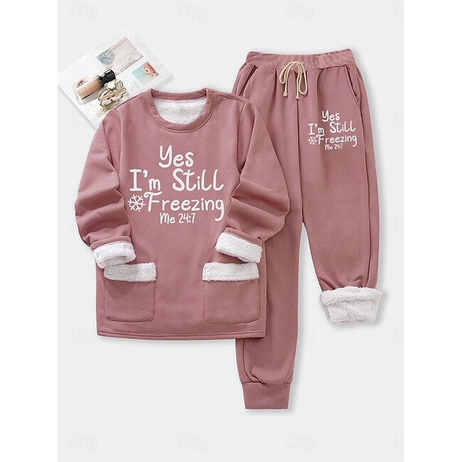 Women's Fleece Lined Sweatsuits Top and Pant Letter Warm Comfort Soft Home Daily Bed Fleece Warm Breathable Crew Neck Long Sleeve Pullover Pant Elastic Waist Fall Winter #14243319