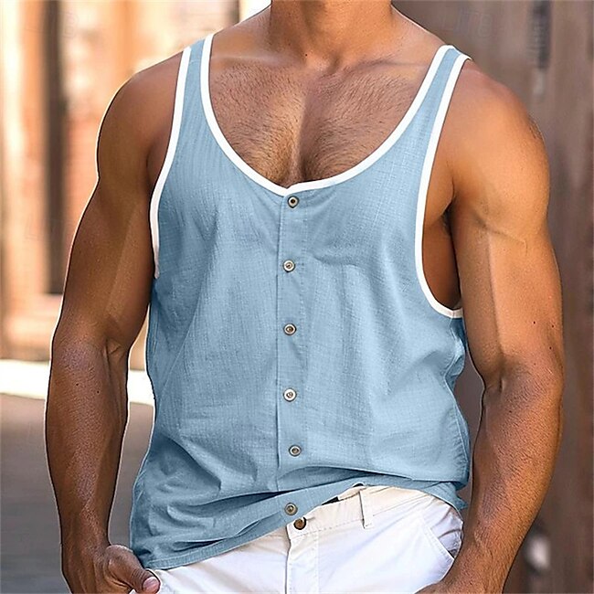 Men's Tank Top Vest Top Undershirt Sleeveless Shirt Color Block Crew Neck Vacation Street Sleeveless Buttons Clothing Apparel Polyester Fashion Designer Basic #10209477