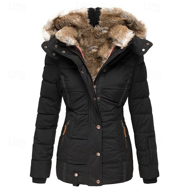 Women's Puffer Jacket Daily Winter Long Coat Fashion Streetwear Jacket Long Sleeve Fur Trim Patchwork Black Pink Navy Blue #15845972