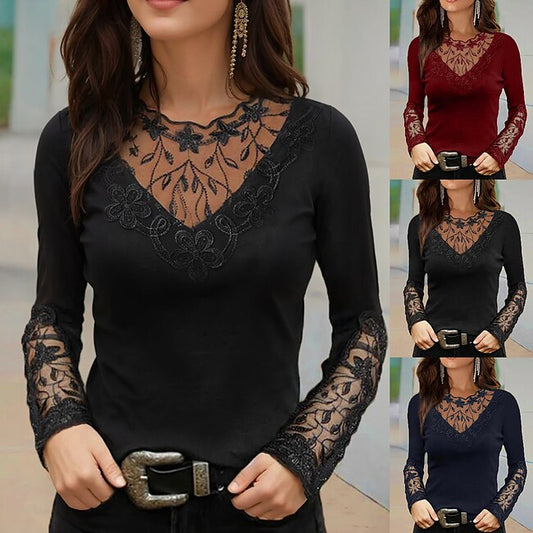 Women's T Shirt Burgundy Tee Mesh Patchwork Top Lace T-shirt Elegant Vintage Fashion Floral Regular Tops Long Sleeve Round Neck Lace Patchwork Regular Fit Casual Weekend Black Wine Navy Blue Fall #8997678