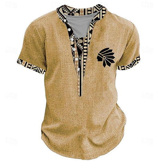 Men's Tribal Bandana Print T shirt Henley Shirt Short Sleeve 3D Print Designer Ethnic Vacation Casual Daily Summer Spring Yellow Green Khaki Henley Henley T-Shirt #19778099