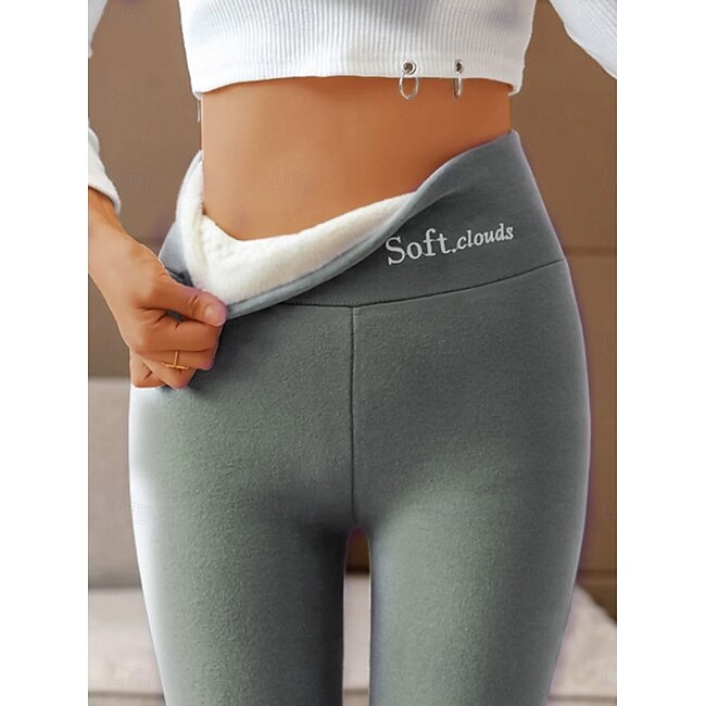 Women's Fleece Pants Tights Leggings Fashion Comfort Full Length High Waist Solid Color Letter Patchwork Thermal Warm Breathable Soft Micro-elastic Outdoor Casual Daily Light Gray Dark-Gray Black #12623603