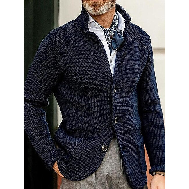 Men's Sweater Cardigan Sweater Jacket Blazer Waffle Knit  Stand Collar Cropped Knitted Solid Color Long Sleeve Basic Stylish Outdoor Daily Clothing Apparel Fall Winter Blue Khaki S M L #9244473